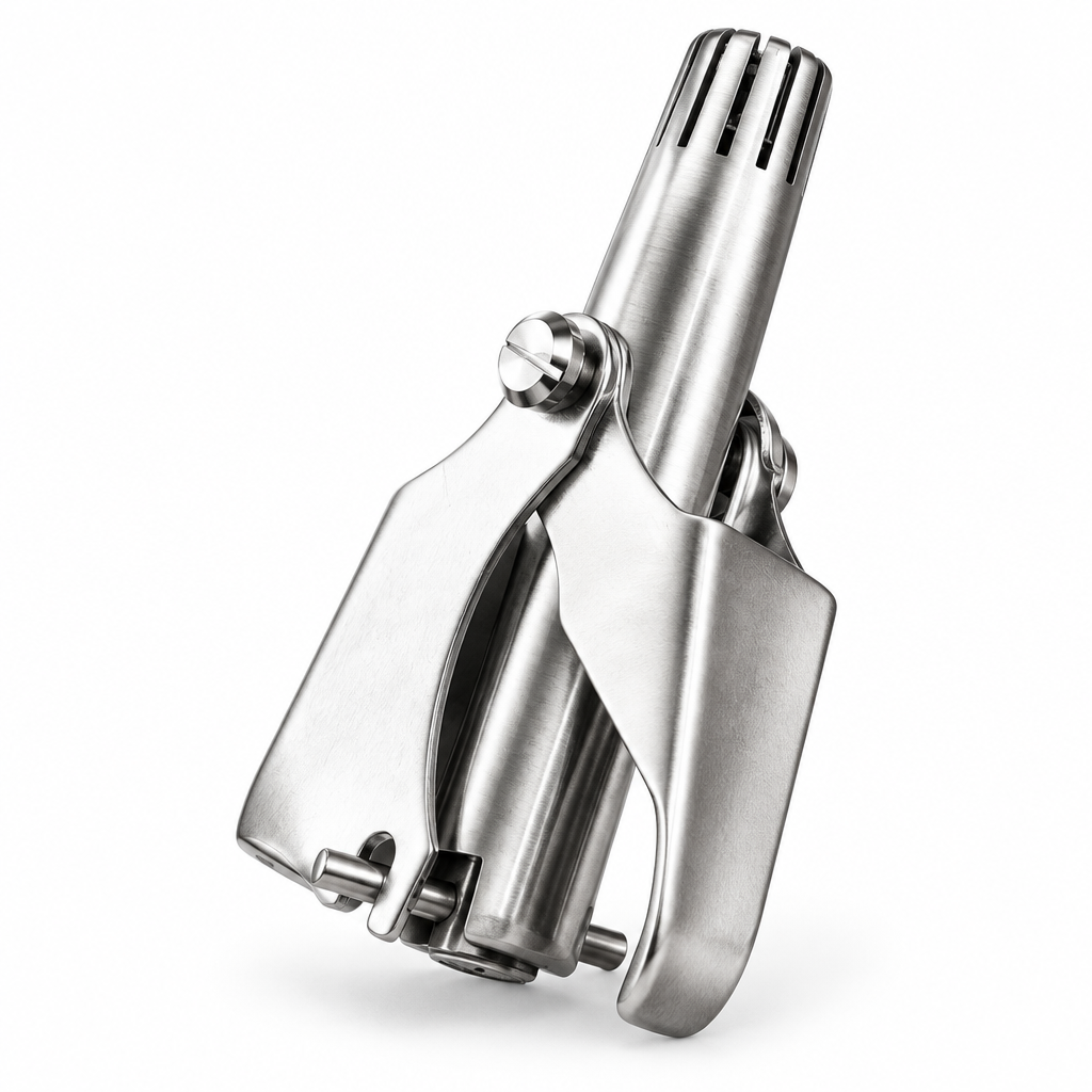 Silver manual nose and ear hair trimmer on a white background