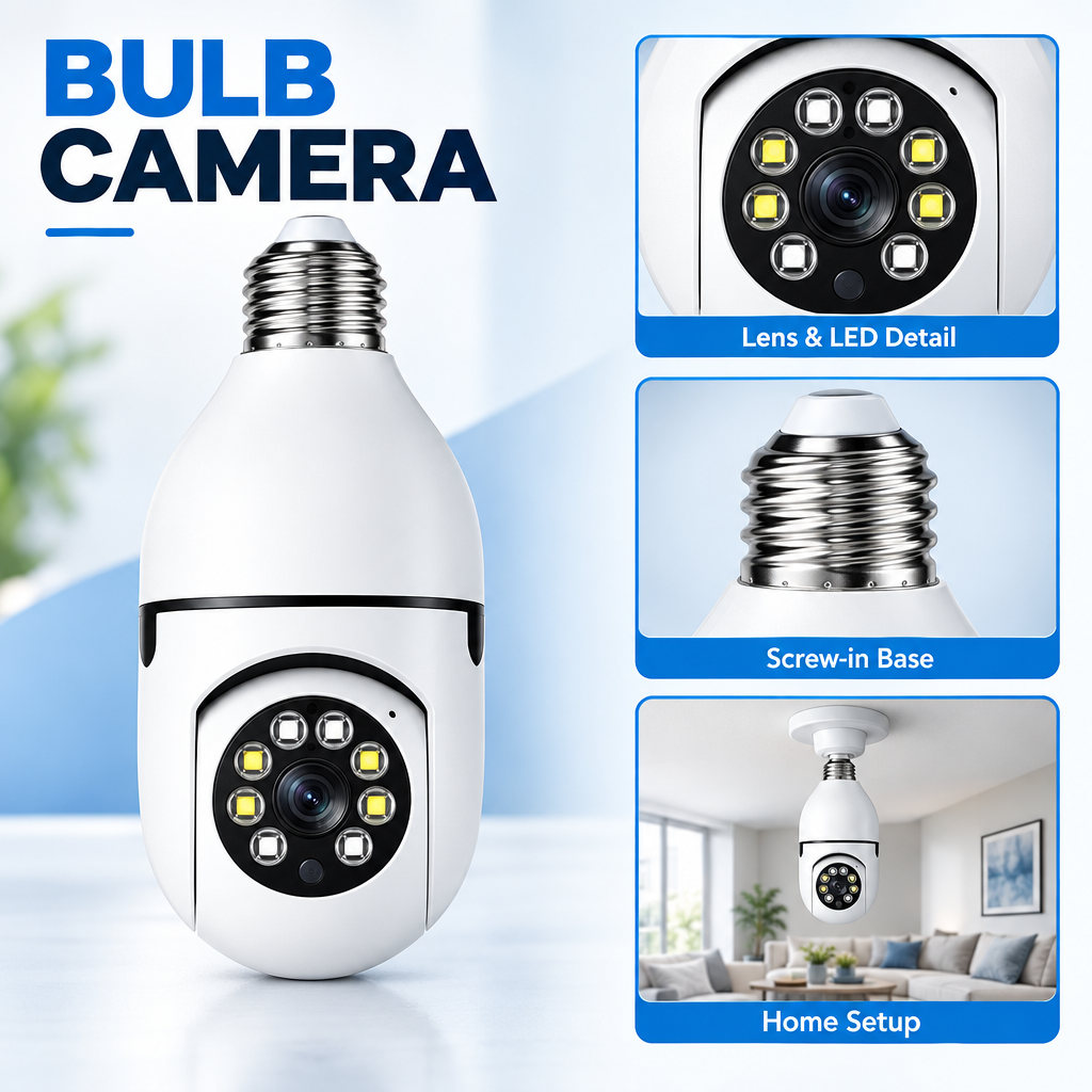 Bulb security camera with lens, screw base and home installation details