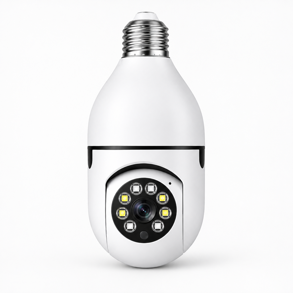 White bulb security camera on a clean studio background