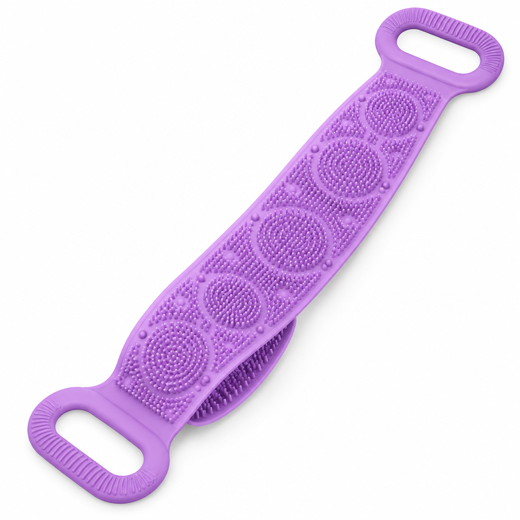 Purple silicone body and back scrubber on a white background