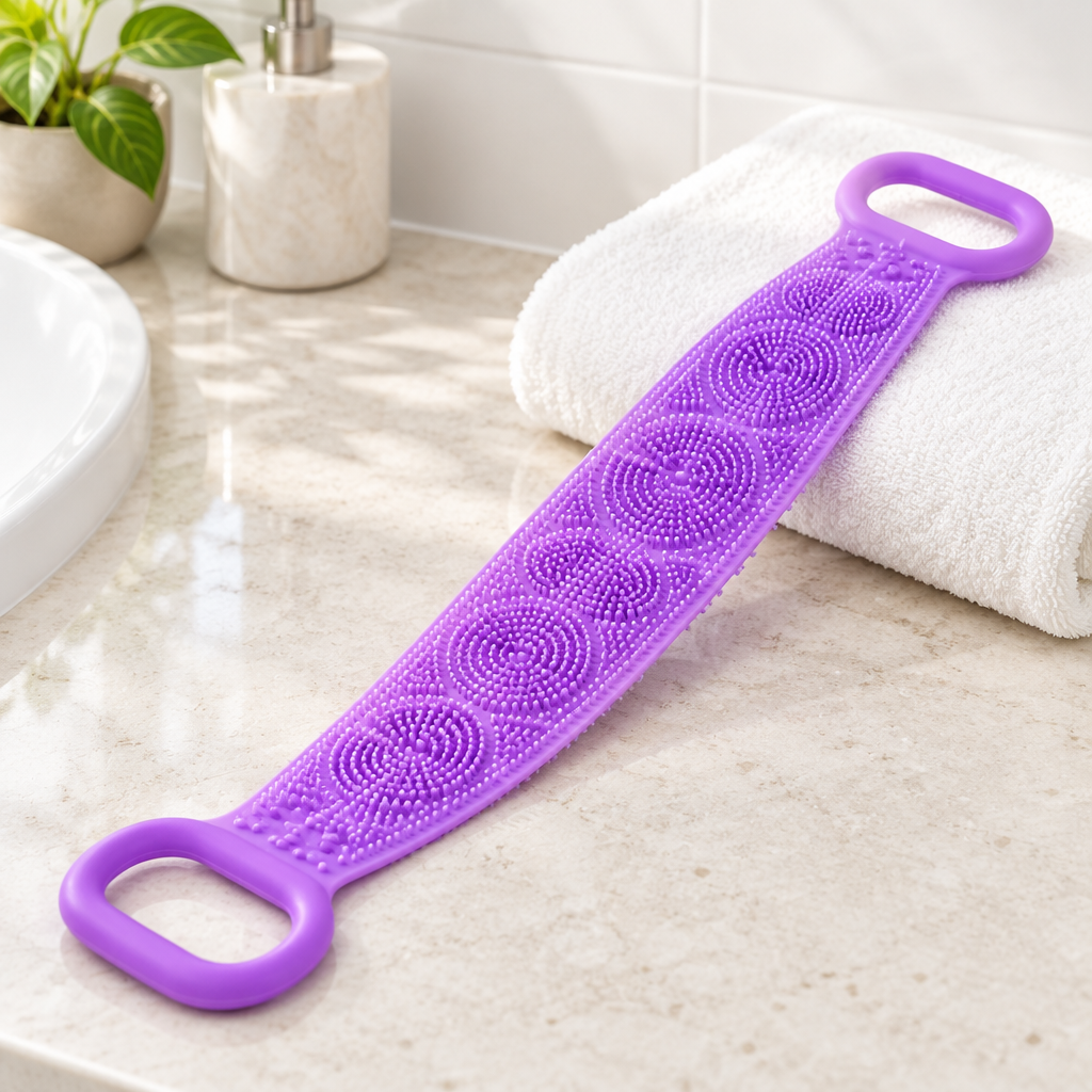 Purple silicone body and back scrubber in a bathroom setting