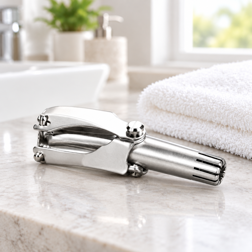 Silver manual nose and ear hair trimmer on a bathroom counter